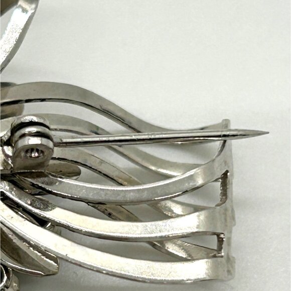 Vintage Bow Brooch Ribbon Pendant Floral & Clear Blue Center Silver-tone - Picture 10 of 11